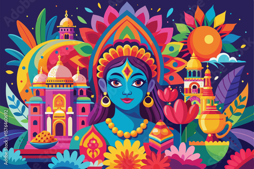 A vibrant illustration of an Indian goddess surrounded by colorful temples, flowers, and nature elements, showcasing Indian culture and tradition in a lively and artistic style.