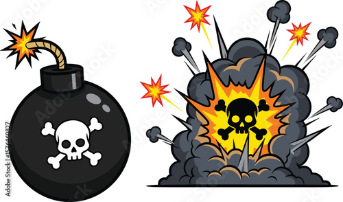 Cartoon bomb with lit fuse, skull symbol, comic explosion, smoke blast, danger warning, detonation concept, vector illustration, isolated
