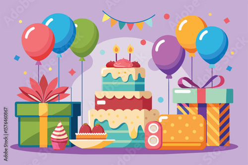 Illustration of a vibrant birthday scene featuring a cake with candles, colorful balloons, and wrapped gifts, perfect for festive event promotions or invitations.