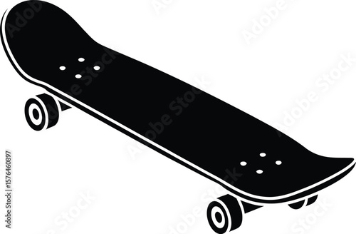 A bold, black silhouette of a skateboard angled in a dynamic position.