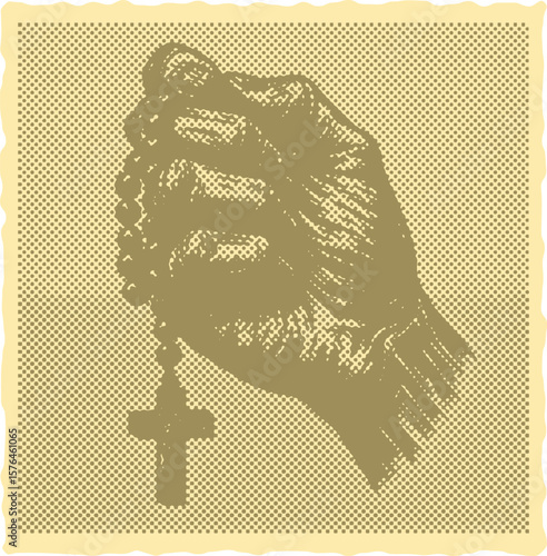  Vibrant color engraving of a close-up wrinkled hand holding rosary beads, canvas template design, stamp halftone vector style, detailed texture, spiritual theme, vintage effect illustration