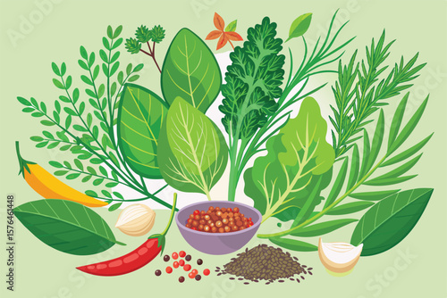 Vibrant illustration showcasing various fresh herbs and spices commonly used in cooking. Ideal for culinary themes, this art features basil, parsley, rosemary, and colorful peppers.