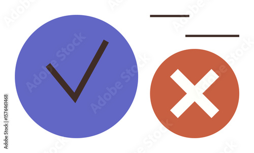 Blue checkmark on a circle next to orange cross inside a circle with floating lines. Ideal for decision-making, choice, approval, rejection, evaluation, correctness, or contrast. A simple flat