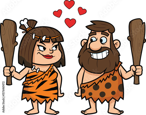 Cartoon caveman couple in love, cavewoman with club, stone age characters, funny prehistoric illustration, romantic ancient people, smiling cave duo