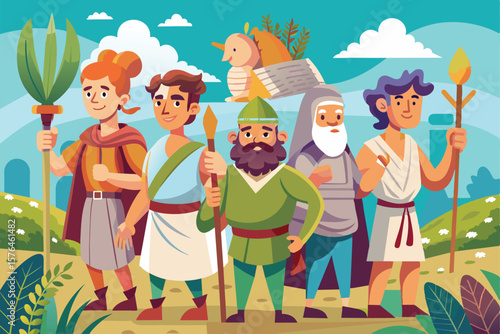 Colorful cartoon illustration featuring a diverse group of adventurers with unique costumes and props on a vibrant landscape.