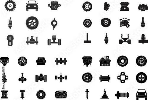 Automotive parts icons vector set black and white car components and spares design