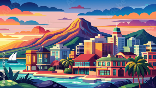 Cape Town, South Africa – Majestic Table Mountain rises behind vibrant cityscape. Colorful houses, palm trees, and ocean waves meet beneath soft clouds in a serene, vector-ready urban paradise.

