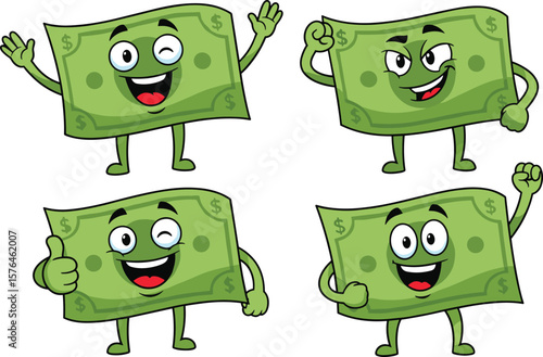Cartoon dollar bill characters with happy expressions, financial mascot illustration, money symbol vector, cute cash design, economy success icon