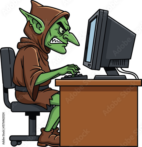 Cartoon goblin using computer, fantasy creature typing, funny hacker illustration, green monster desk scene, internet troll character, digital mischief art