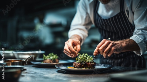 Professional chef preparing gourmet dish at elegant restaurant kitchen counter, plating food with herbs and sauce, dark moody background, empty area