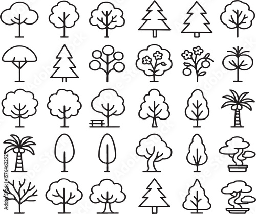 Trees line icon set. Vector pictograms of roots, branches, leaves, fruit, apple, orange, evergreen, tropical, thin linear illustration. 