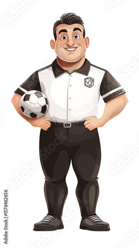 Cartoon soccer referee smiling while holding a football in uniform  