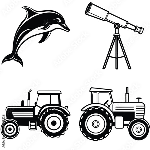 Vector art of a dolphin, telescope, and two tractors are isolated on white background