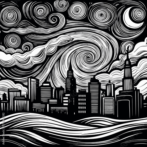 City Skyline at Night – Vector Illustration of Urban Nightscape with Starry Sky, Modern Architecture Silhouettes, City Lights, and Evening Atmosphere Design Elements