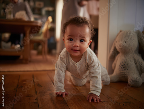 Infant Taking First Steps Supported by Parent’s Hands on Polished Wooden Floor, Close-Up Low Angle with Warm Natural Light in Cozy Living Room