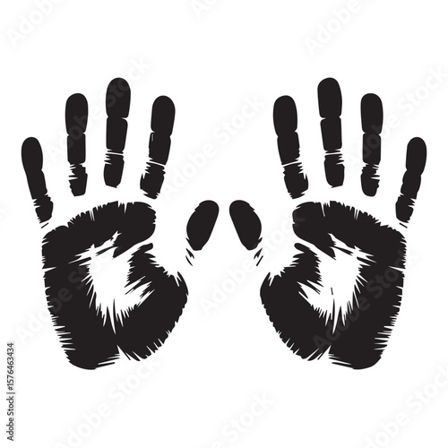 Two black handprints with jagged edges are displayed symmetrically against a clean white background symbolizing connection or identity