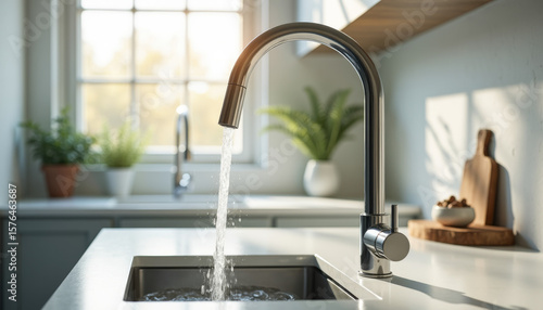 Water Flow from Modern Kitchen Faucet, Bright Interior Setting, Photography, Fresh and Clean Environment