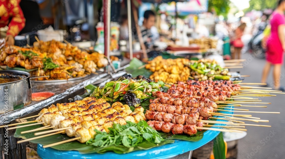 Obraz premium Vibrant Street Food Market with Various Grilled Skewers and Dishes