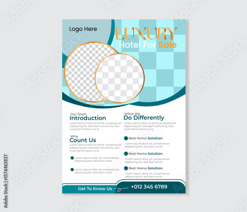 Vibrant and versatile real estate graphic design featuring a stylized house and property elements in multiple colors.