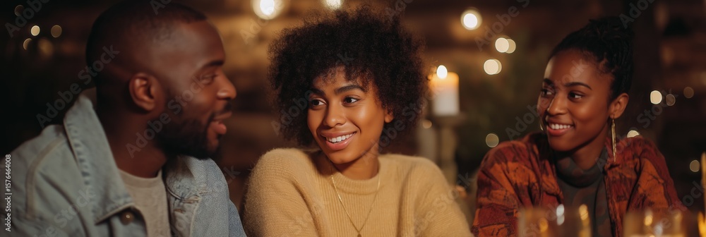Fototapeta premium Three african adults enjoying a cozy evening gathering with candlelit ambiance