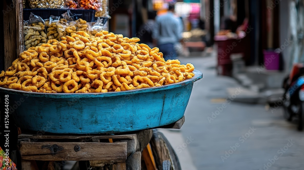 Fototapeta premium Vibrant Street Market Scene with Heap of Golden Snacks on Cart