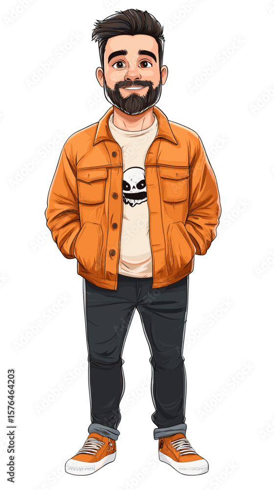 Cartoon man smiling in orange jacket and black pants on white background Cartoon man smiling in orange jacket and black pants on white background