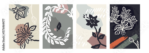 Set of poster or card with ink brush abstract sketch flowers and leaves organic shapes background. Minimalist floral composition bundle for cover, wall art or brochure design. Vector illustration