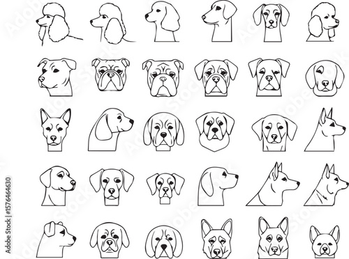 Dog Breeds line icon set. Vector pictograms of labrador, golden retriever, german shepherd, bulldog, beagle, poodle, dachshund, pug, shih tzu, maltese, yorkshire terrier thin linear illustration