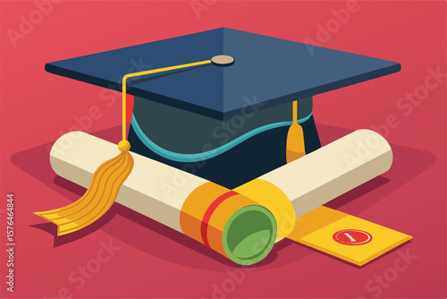 Illustration of a graduation cap and diploma on a red background, symbolizing achievement and success in education.