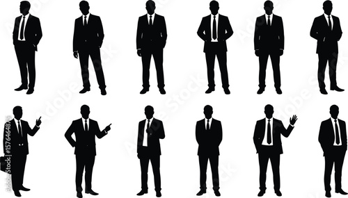Businessmen silhouettes cad drawing flat vector illustration, twelve professional poses with briefcase and gestures, corporate front view posture lineup