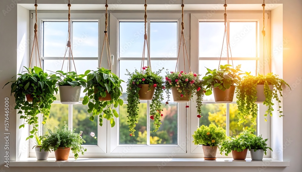 Fototapeta premium Plants hanging from a windowsill