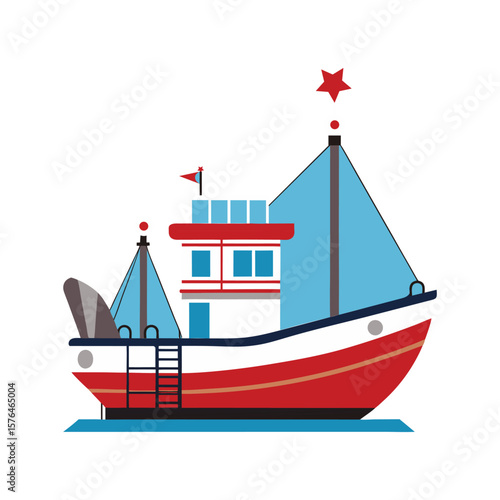 Stylized fishing boat with red hull and blue sails isolated on white background