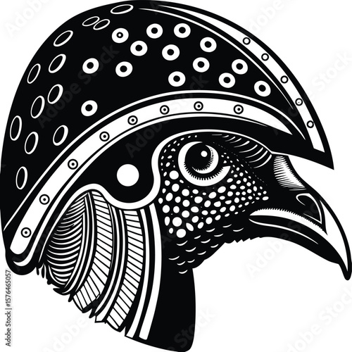 Intricate black and white guinea fowl head silhouette with detailed patterns
