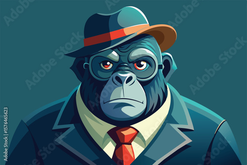 A creative illustration of a gorilla dressed in a suit and hat, exuding a sophisticated and retro charm. Perfect for concepts related to fashion, style, and unique artwork.