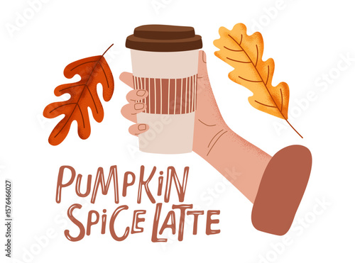 Pumpkin spice latte hand drawn lettering with take away cup, oak leaves. Fall seasonal drink. Autumn Illustration with coffee to go mug for menu, cafe, restaurant, farmers market, vegetarian recipe.