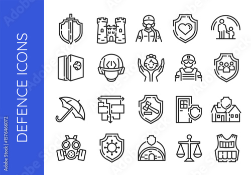 Defence icons. Large set of defence trendy minimal icons. Example: Shield, Soldier, Safe, Helmet, Scale, Gas Mask icon. Design signs for web page, mobile app, packaging design. Vector illustration