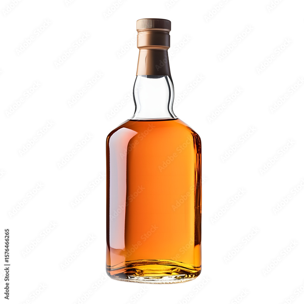 A clear glass bottle filled with amber colored liquid likely whiskey or bourbon with a bronze cap isolated on transparent background A clear glass bottle filled with amber colored liquid likely whiskey or bourbon with a bronze cap isolated on transparent background