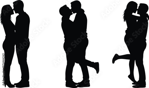 Couples kissing cad drawing flat vector illustration, three romantic silhouette poses, standing, embracing, and lifted affection, front view sketch layout