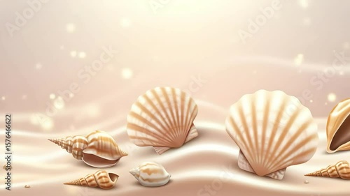 Seashells and pearls on light beige texture