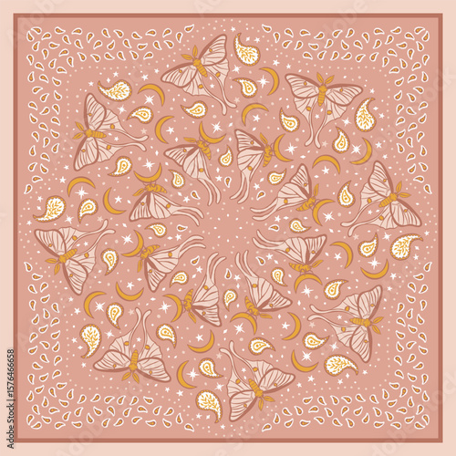 Pink scarf or bandana with luna moths and paisley mandala pattern. Ethnic neutral carpet design with butterfly. Abstract boho nocturnal insects background.