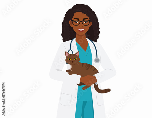Female veterinarian holding a brown tabby cat wearing glasses and a stethoscope in a white coat