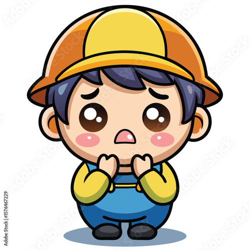 Cartoon character, a child in a construction worker's outfit, appearing worried or upset
