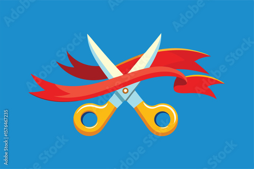 Illustration of a pair of scissors cutting a red ribbon, symbolizing a grand opening or celebration. Bright blue background enhances the festive atmosphere of the event.