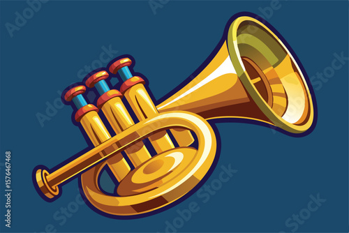 Vibrant illustration of a shiny golden cartoon trumpet showcasing its musical elements. Perfect for music themed designs, educational materials, and entertainment content.