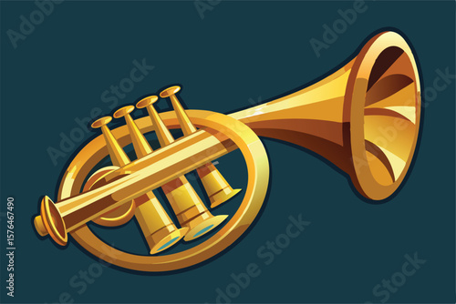 A vibrant illustration featuring a detailed glossy golden French horn. Perfect for musical themes and classical music enthusiasts. Captures elegance and artistry with its shining brass finish.