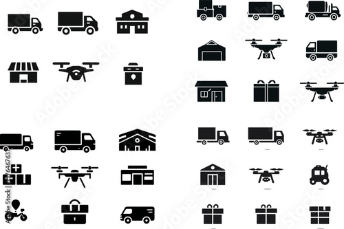 Delivery and logistics vector icon set for shipping transportation and warehouse use