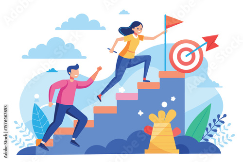 Illustration of people climbing stairs towards a target, symbolizing teamwork, progress, and success. Ideal for themes of motivation, achievement, and business goals.