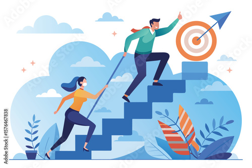 Illustration showing two people in a team, climbing stairs towards a target symbolizing success. This image represents growth, motivation, and teamwork in achieving goals.
