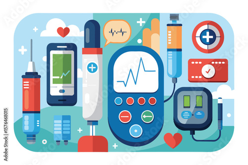 Vibrant illustration of various medical devices, including syringes and monitors, symbolizing digital healthcare and technology. Ideal for health, medical, and innovation themes in digital media.