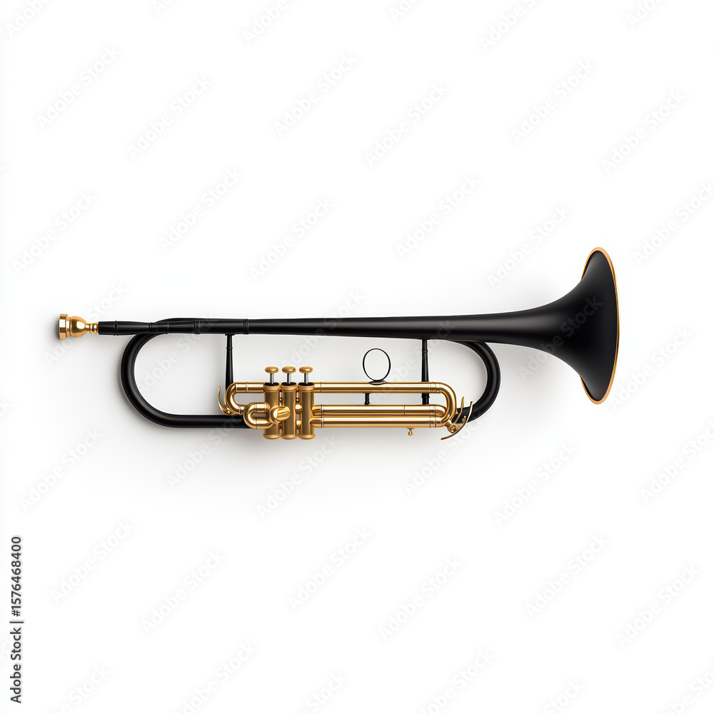 Obraz premium A sleek black and gold trumpet isolated on a white background, showcasing its valves and elegant curved design.